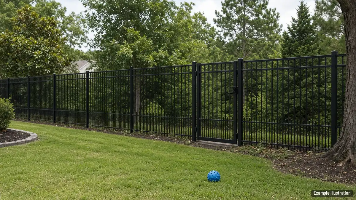 Black aluminum fence with tight puppy pickets along the bottom around a backyard