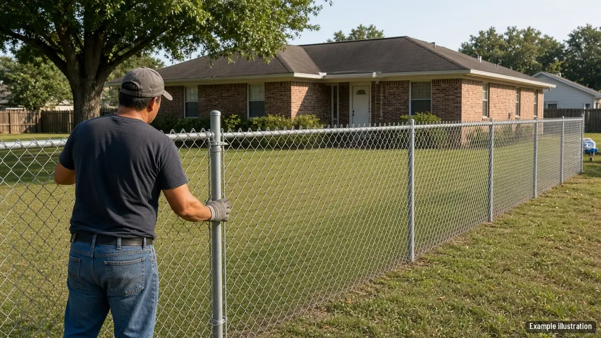Installer setting a chain link fence line with tension wire in a backyard
