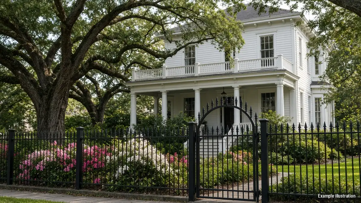 Black aluminum front-yard fence with an arched gate in front of an older Baton Rouge home