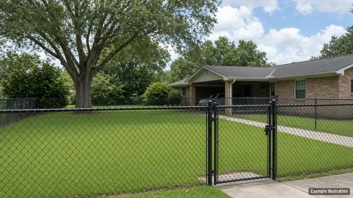 Black vinyl-coated chain link fence around a backyard with a gate near a carport