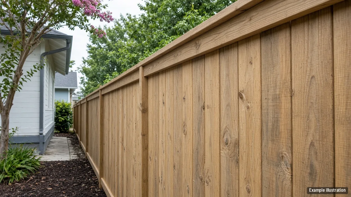 Board-on-board wood fence with a top cap seen at an angle along a shared lot line