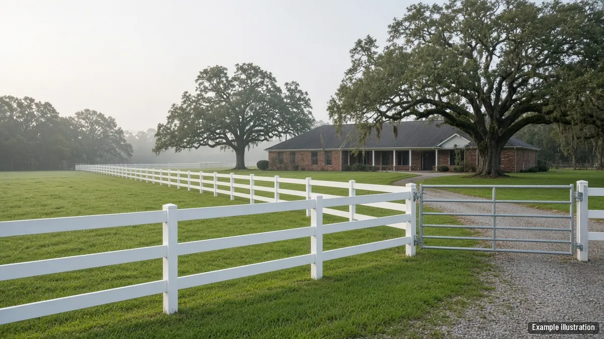 Long board horse fence along a pasture with a metal farm gate