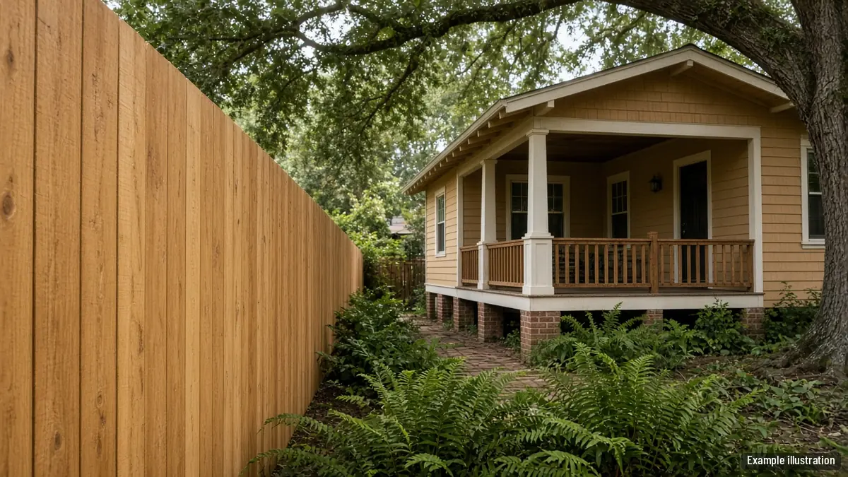 Warm-toned cypress board fence beside a raised cottage with a porch
