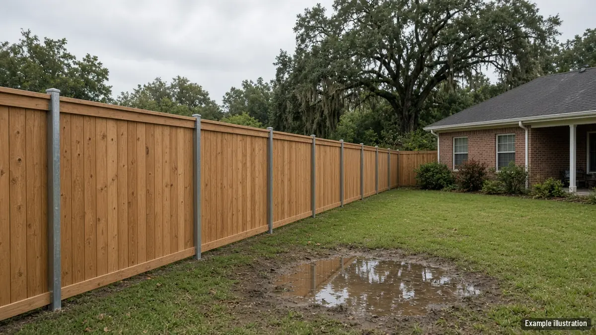 Wood privacy fence on steel posts along a backyard with standing rainwater in a low corner
