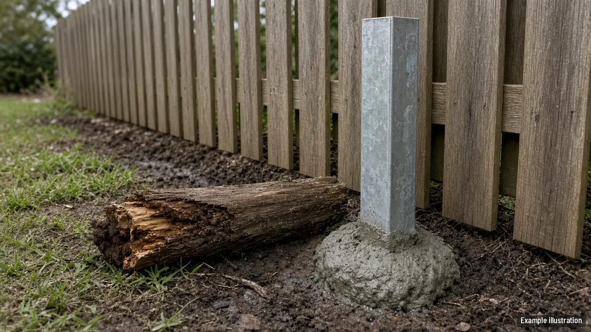 New galvanized steel post set in concrete beside an old rotted wood post being removed