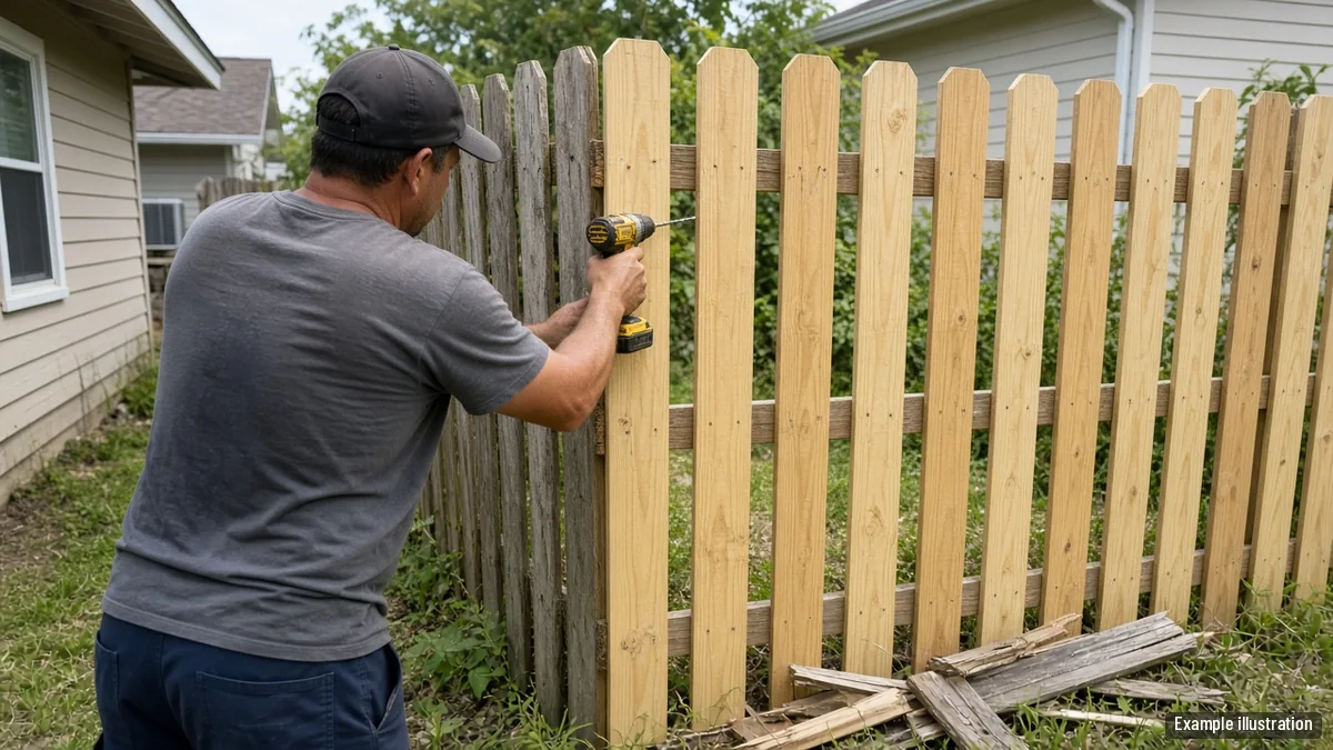 Installer replacing broken pickets on a wood fence between two homes