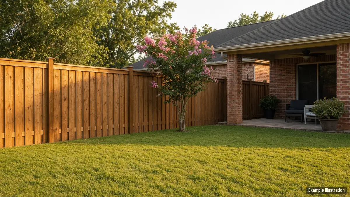 Board-on-board wood privacy fence with a cap rail behind a brick home