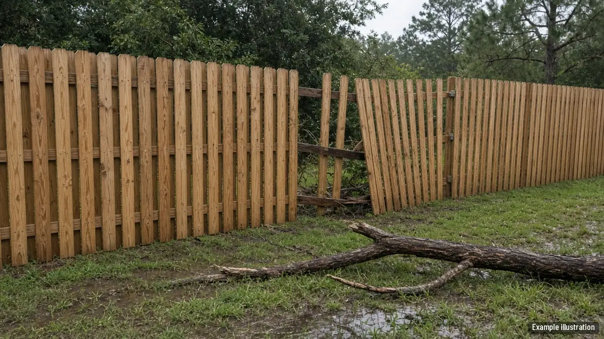 Leaning wood privacy fence section with broken rails next to a sound section
