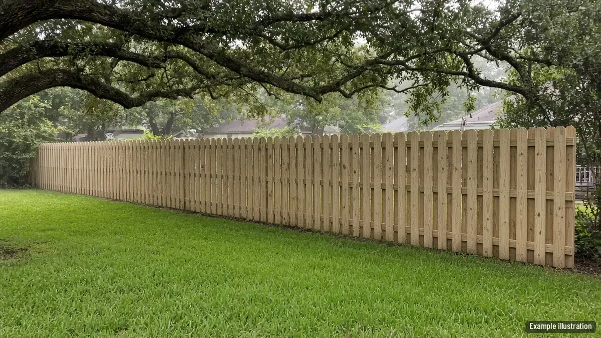 New treated pine dog-ear privacy fence along the back of a Baton Rouge yard under live oaks