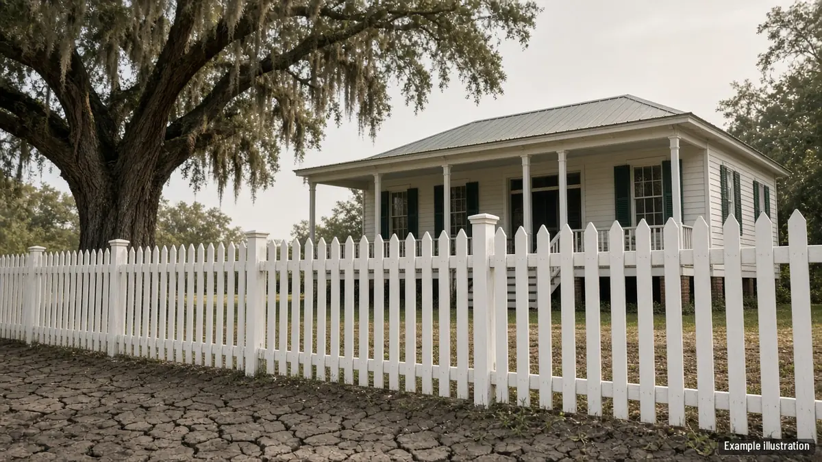 Cracked dry clay soil at the base of a new white picket fence in front of a raised cottage