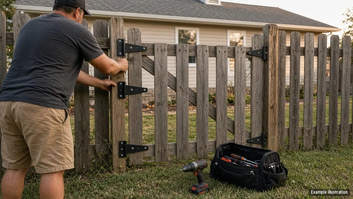 Sagging wood gate being re-hung with new hinges on a backyard fence