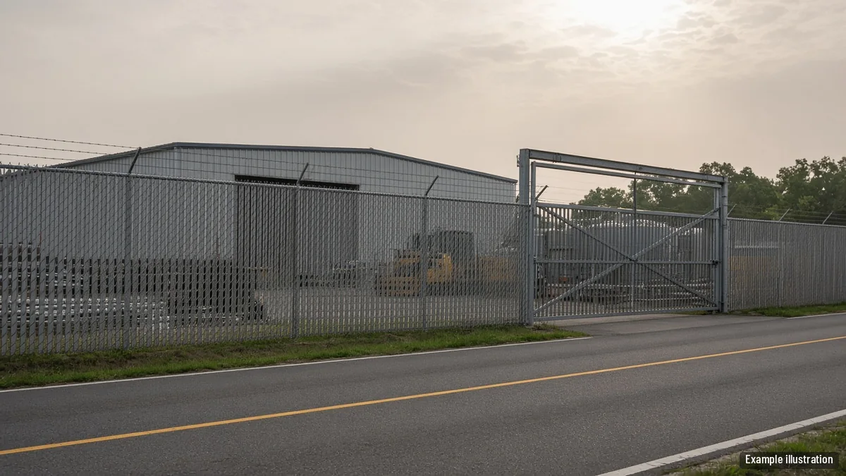 Tall chain link security fence with a rolling gate around an unbranded shop yard