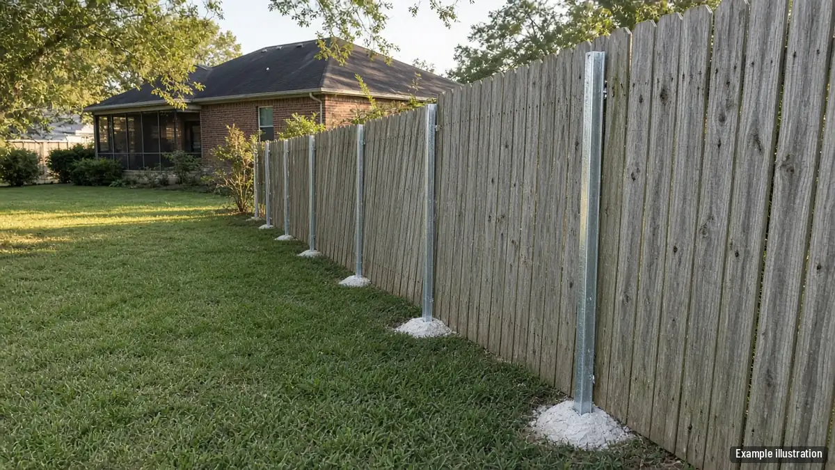 Old leaning wood fence beside new steel posts set in concrete for a replacement fence
