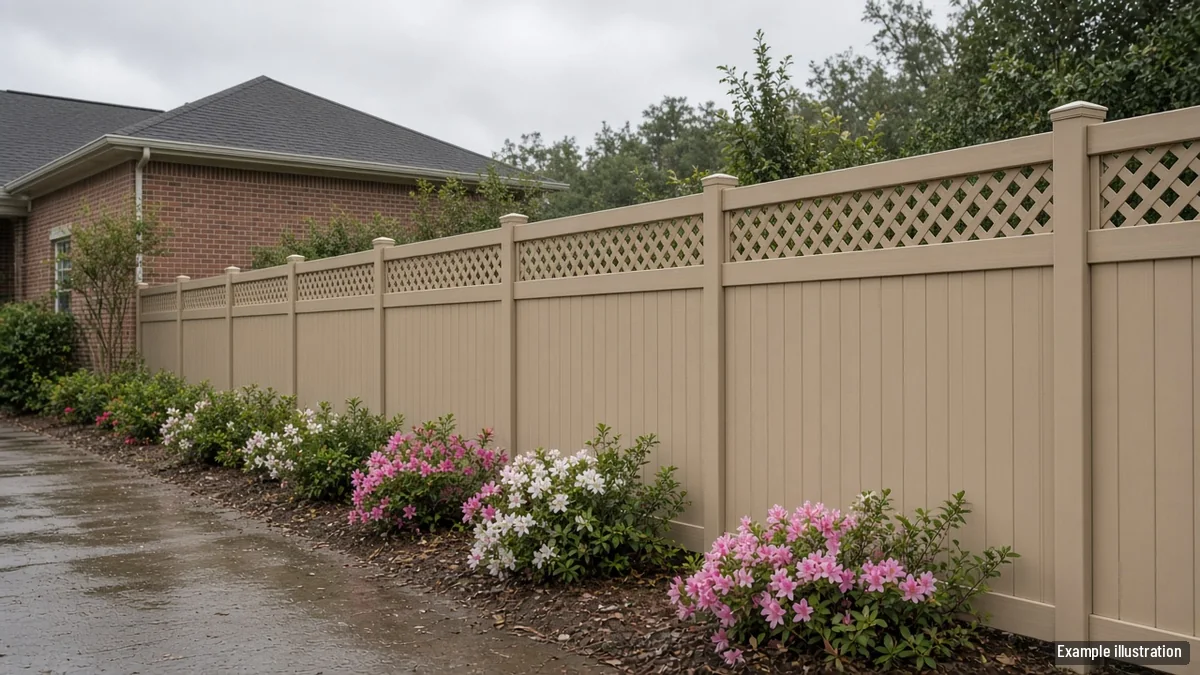 Tan vinyl privacy fence along the side yard of a brick home after rain