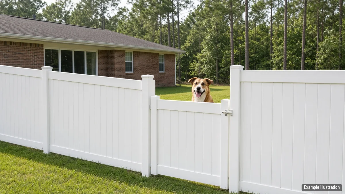 Dog behind a new vinyl privacy fence with a latched gate in a backyard