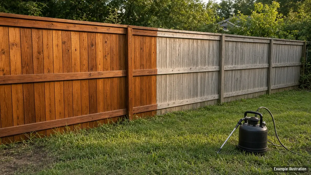 Wood privacy fence with a freshly stained cedar-tone section next to gray weathered boards
