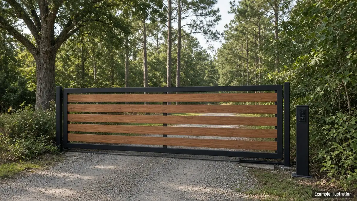 Wood-faced sliding driveway gate on a steel frame across a gravel drive