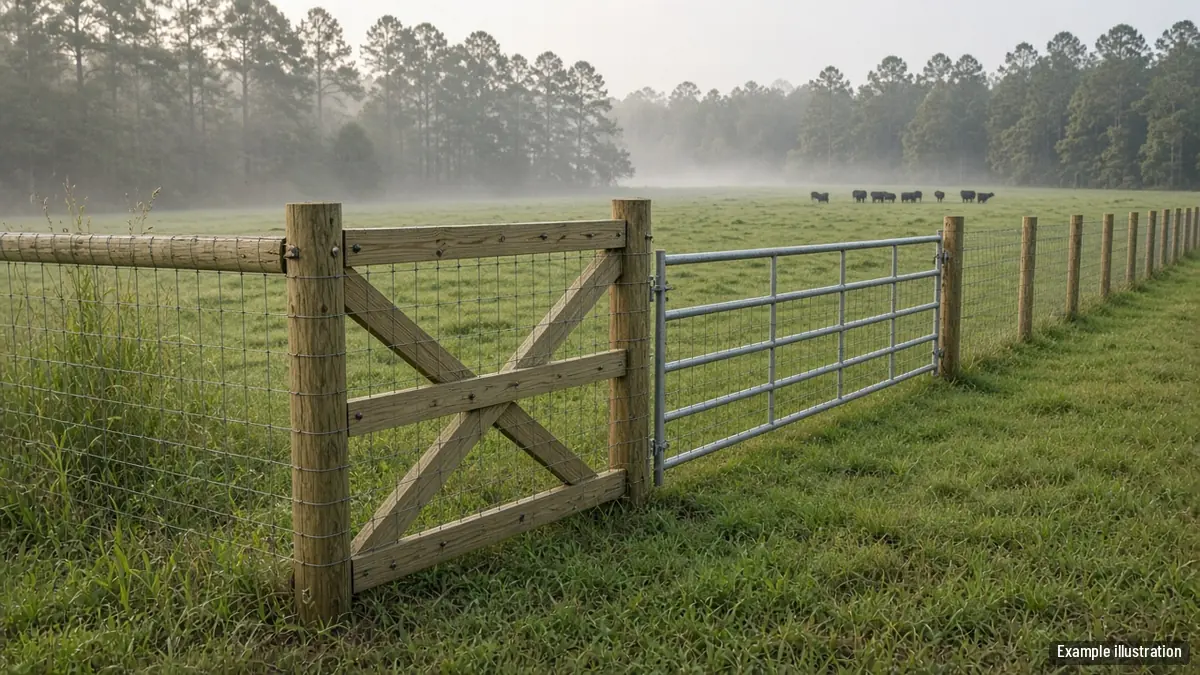Woven wire pasture fence on wood posts with a metal tube gate in a green field