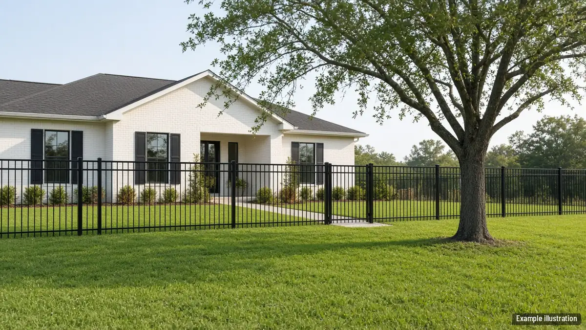 Black aluminum fence along the front of a new home with a wide lawn